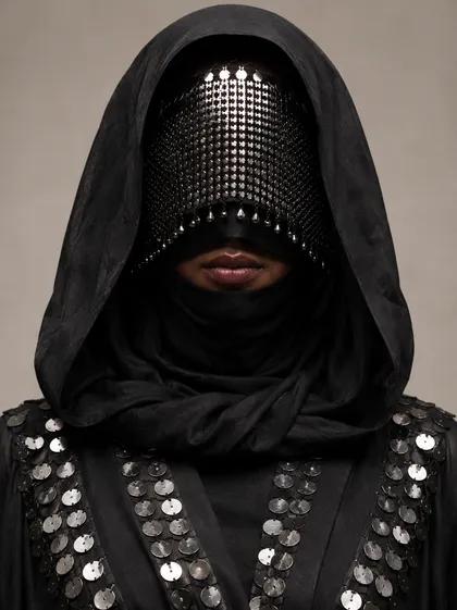 Character reference: eyes in close-up behind a metal veil