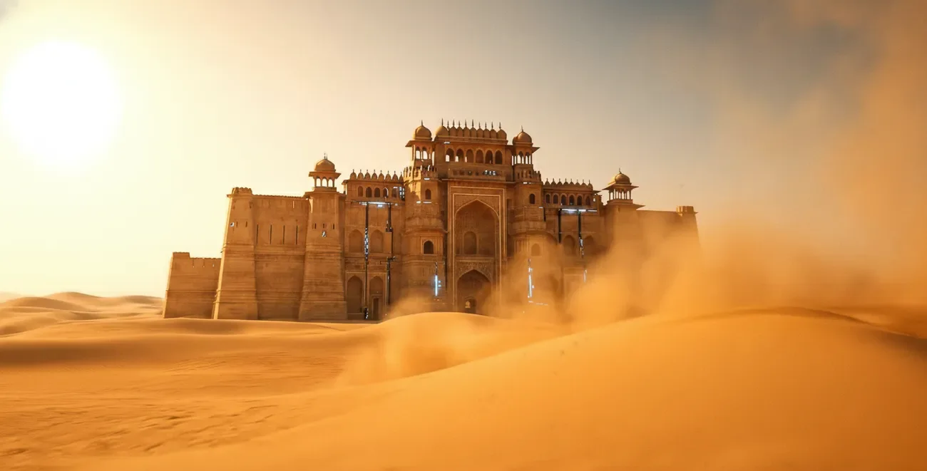 The Araka palace as it appears in the BOI BOI music video, half-buried in desert sand