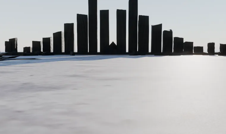 Blender blockout of black monoliths on a pale plain