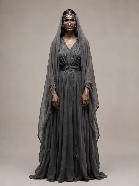 Lyra, an attendant of the Order, in pale grey chiffon with a silver mask