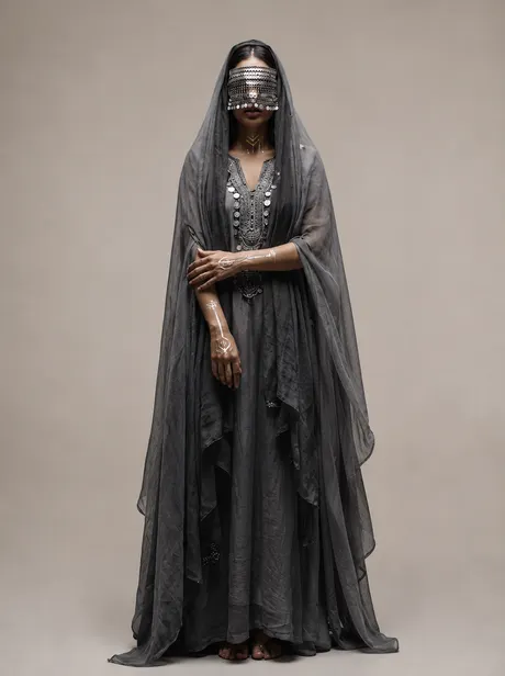 Naia, an attendant of the Order, in grey layered chiffon with a silver mask