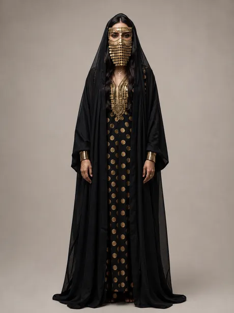 Pyra, an attendant of the Order, in a black robe with gold coin patterning and a gold face veil