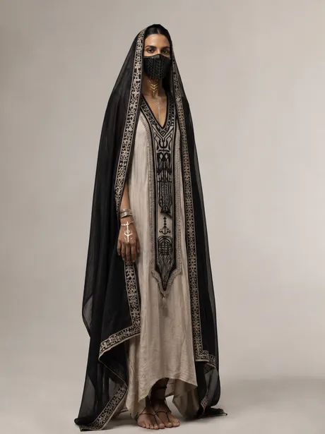 Sela, an attendant of the Order, in a dark cloak over an embroidered cream robe