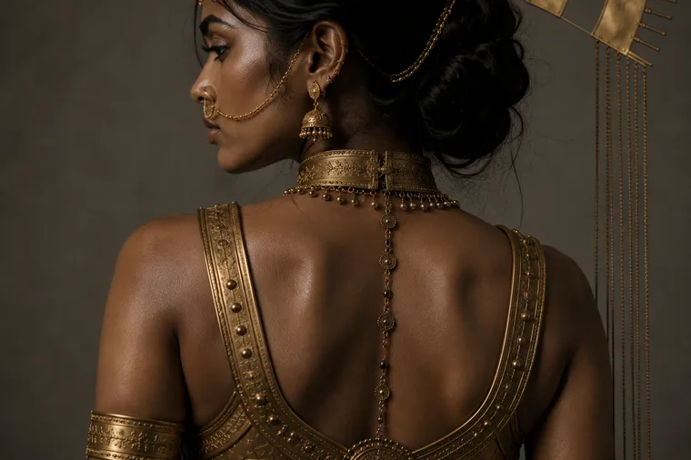 Back view of Gamini's gold metalwork costume