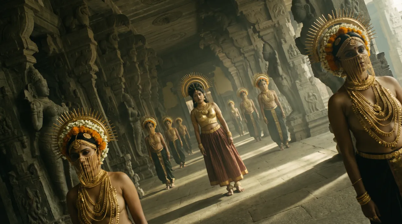 Gamini walking a submerged Neervi temple corridor lined with statues