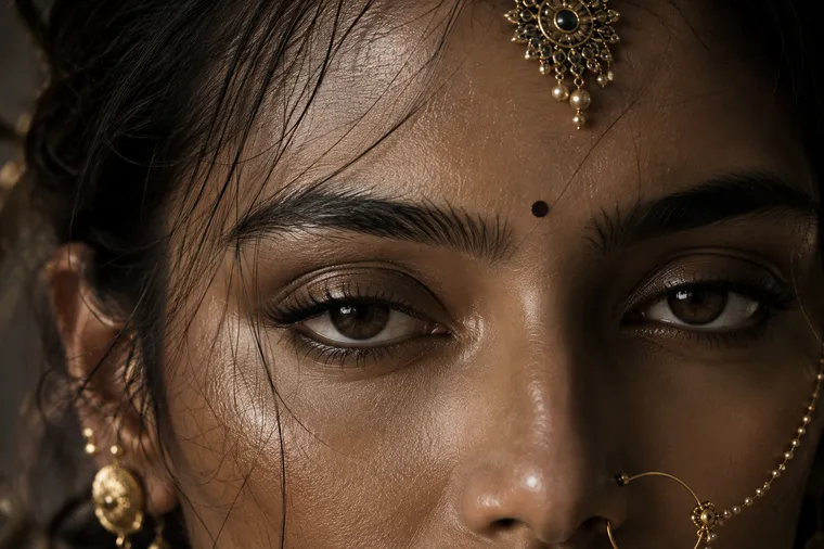 Close-up of Gamini's face and gold temple jewellery