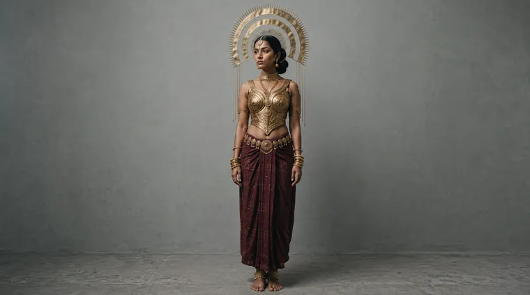 Gamini, ruler of Neervi, in gold metalwork and a maroon lower garment