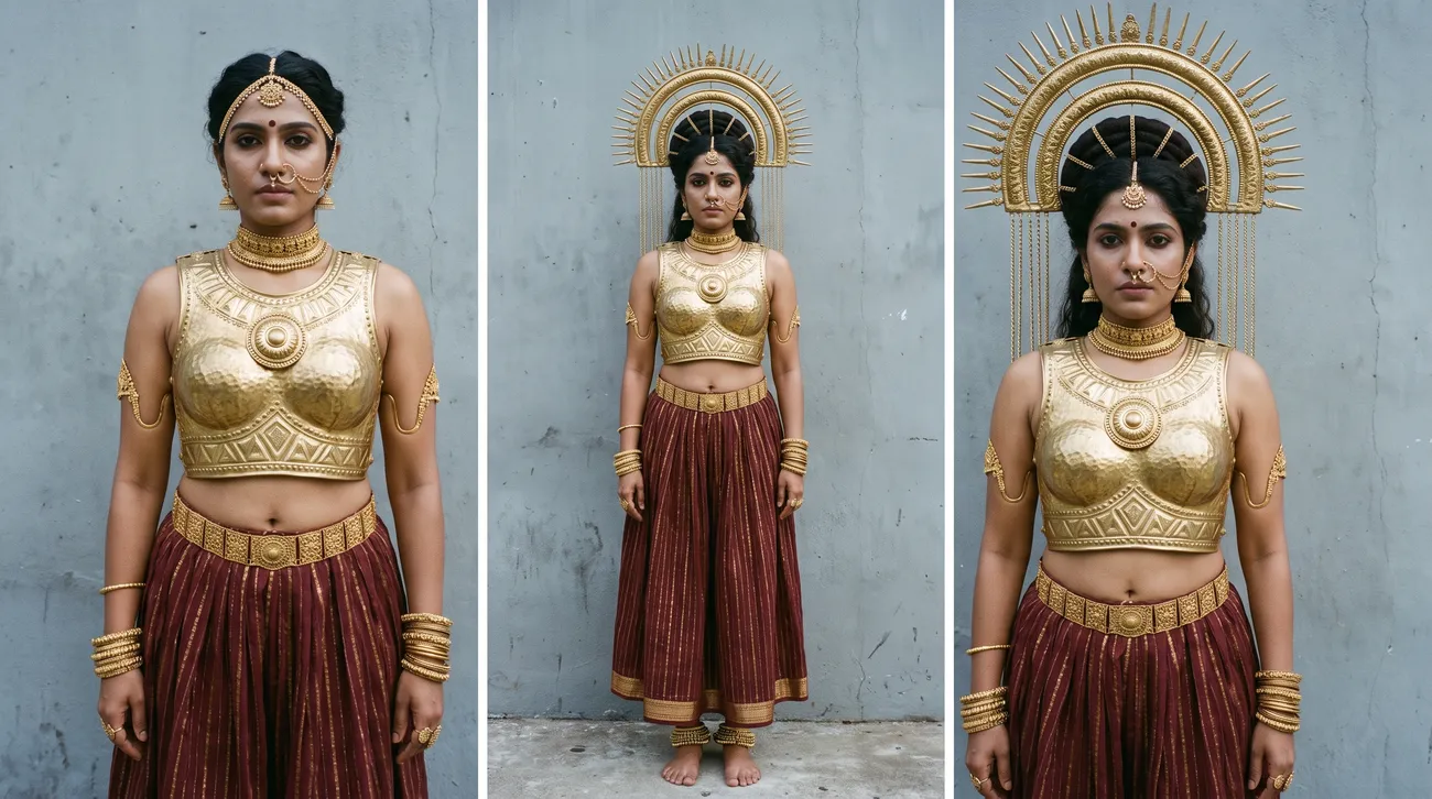Gamini rendered from three angles with identical costume and features in each
