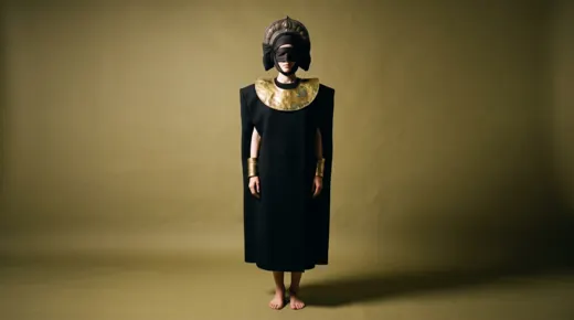 Early Gamini costume test: plain black shift with a small gold headpiece