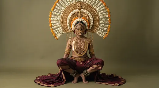Gamini costume test: heavily ornate temple-deity version with a large orange and gold halo