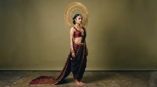 Gamini costume test: gold breastplate with maroon dhoti and trailing fabric