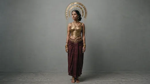 The settled Gamini design: gold breastplate, maroon dhoti and sunburst halo