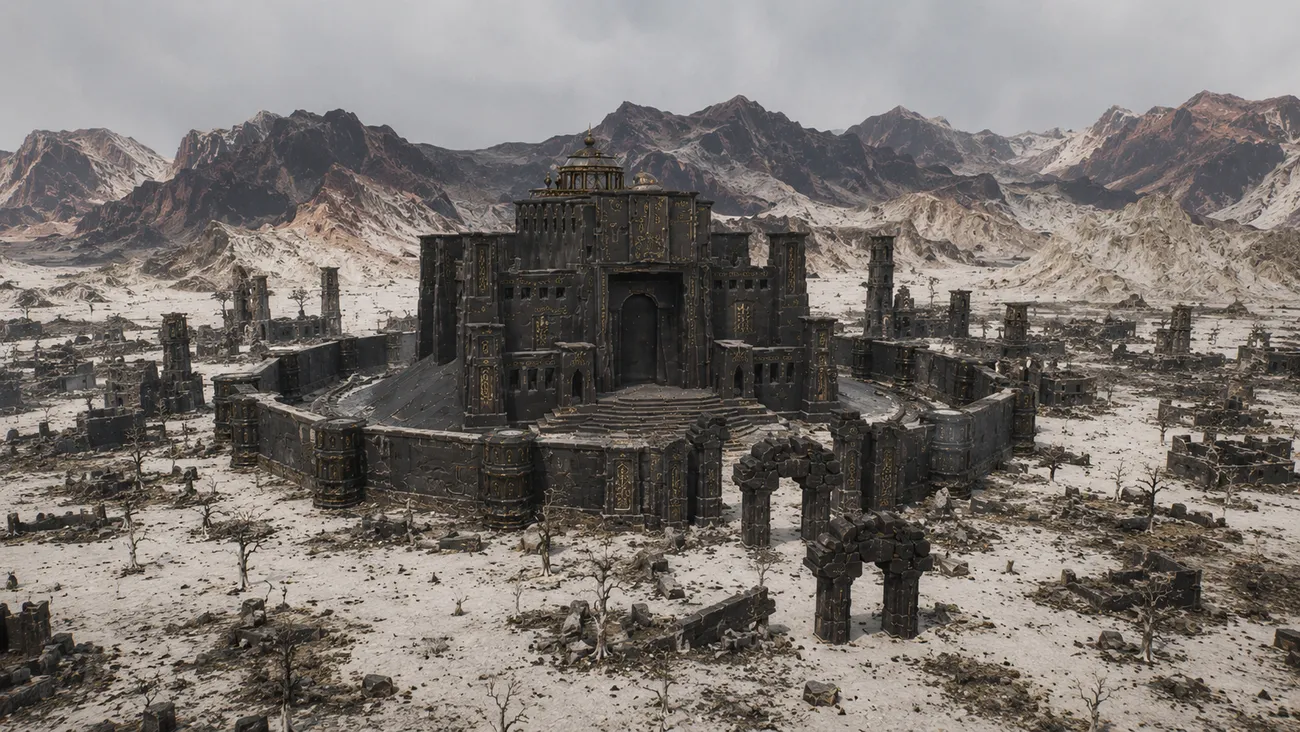 The same Araka palace shot rendered through the AI pipeline, with stone, weathering and atmosphere