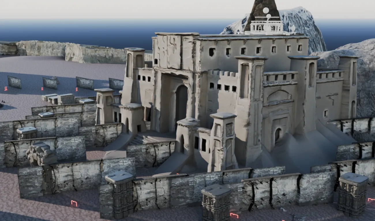 The Araka palace as an untextured grey blockout modelled in Blender